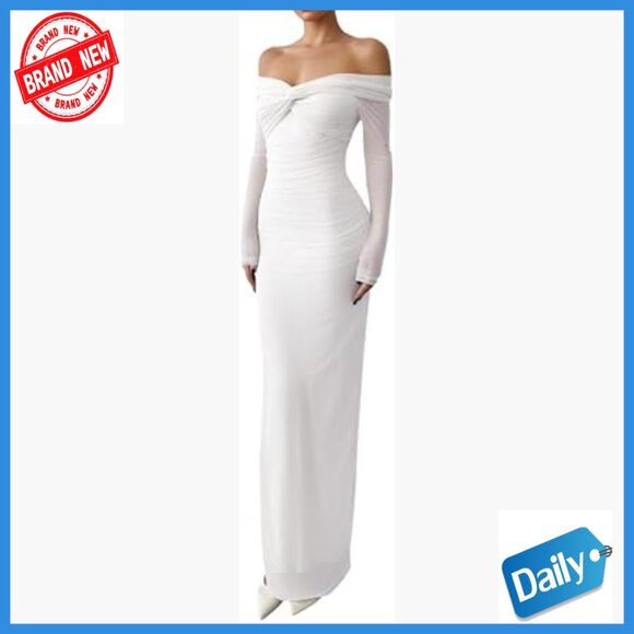 Long Sleeve Off Shoulder Bodycon Maxi Dress Mesh Formal Party